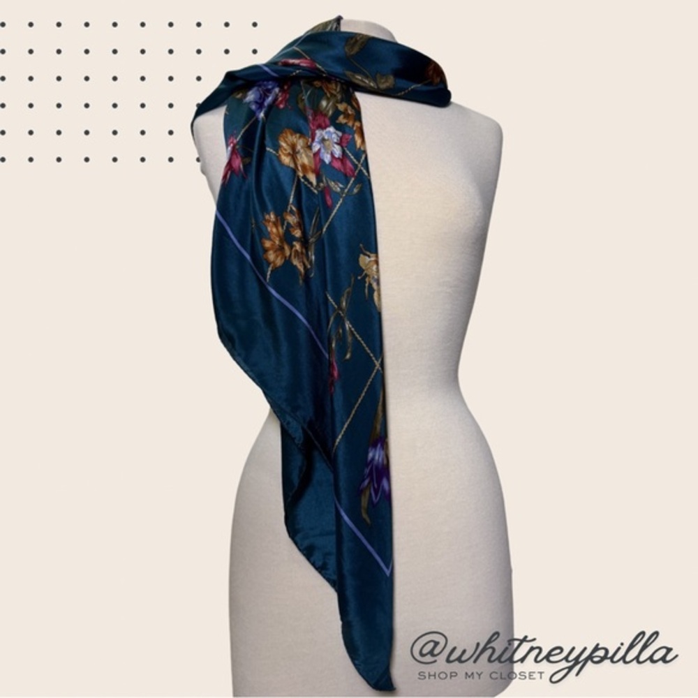 Vintage Bill Blass Silk Scarf, Deep Teal with Floral Garden Print Large square